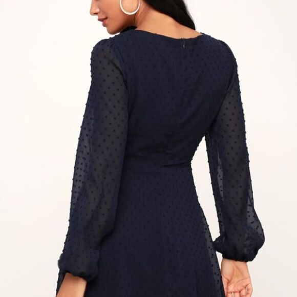 Lulu’s Navy Blue Swiss Dot Long sleeve  Dress - Picture 3 of 6